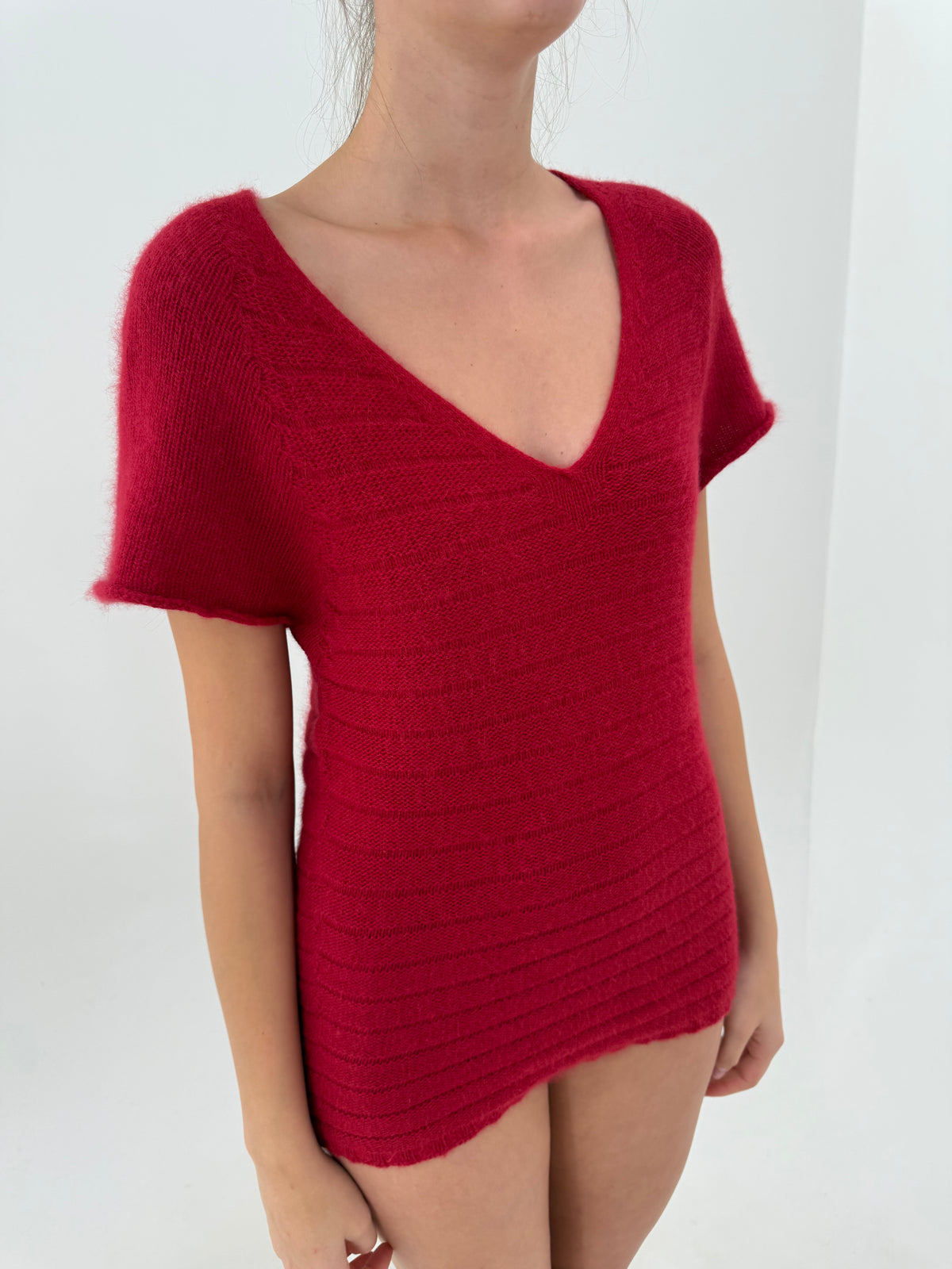 Top din lana extrafina și Angora în croi lung de gramaj mare dark cherry red
