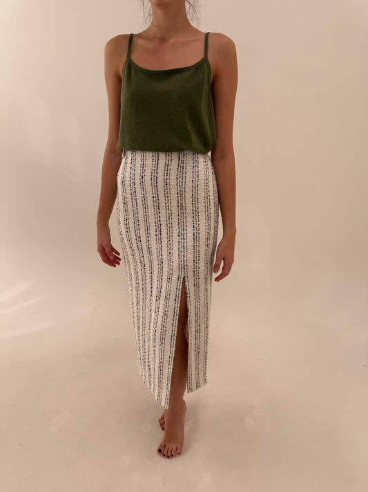 Fustă maxi creion ivoire din tweed gros în stil Chanel de bumbac cu dungi verticale