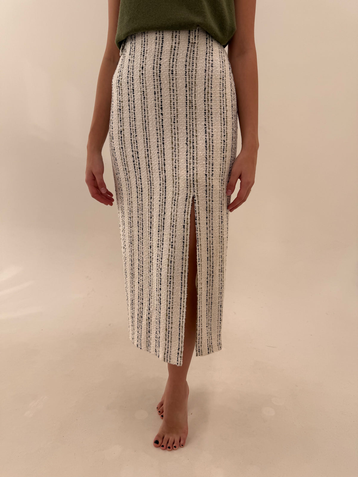 Fustă maxi creion ivoire din tweed gros în stil Chanel de bumbac cu dungi verticale
