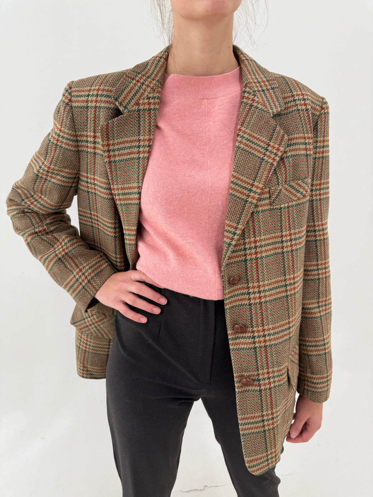 Sacou din tweed camel în carouri și culori superbe din lana extrafina