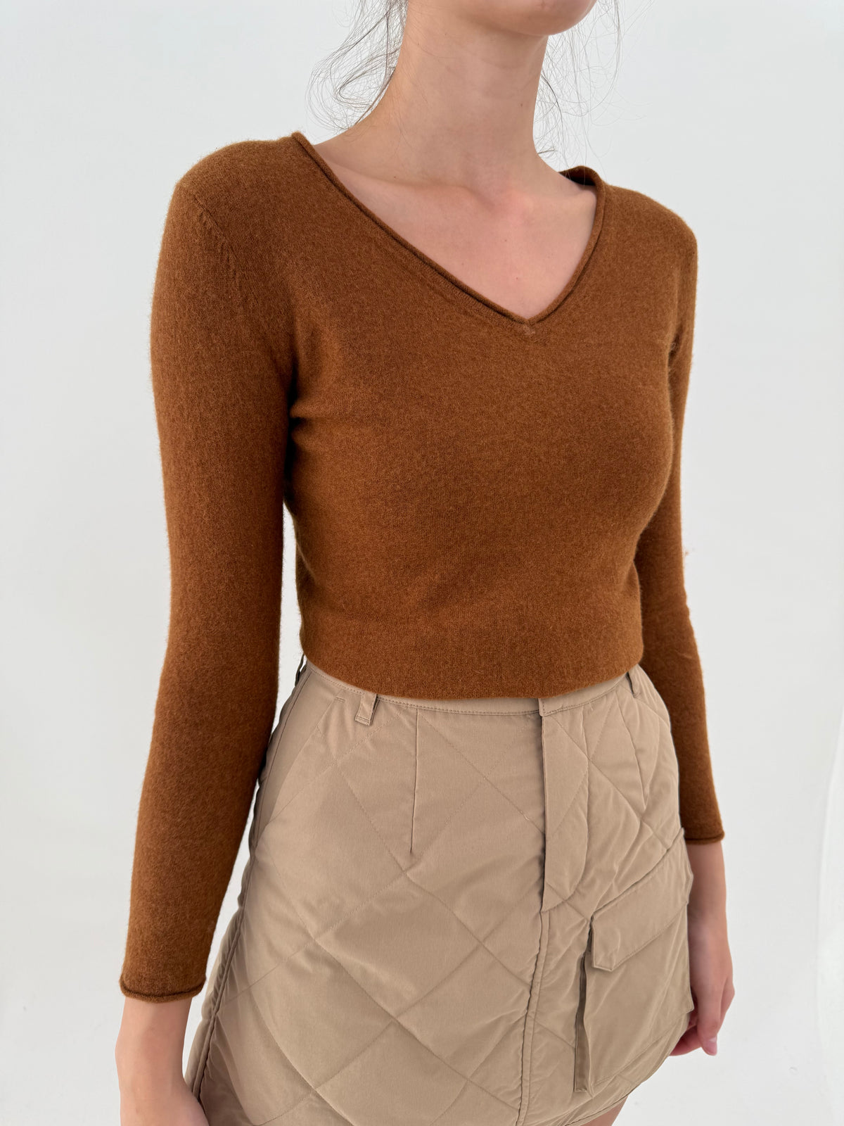 Pulover caramel din cașmir, mătase naturală și lana caramel brown