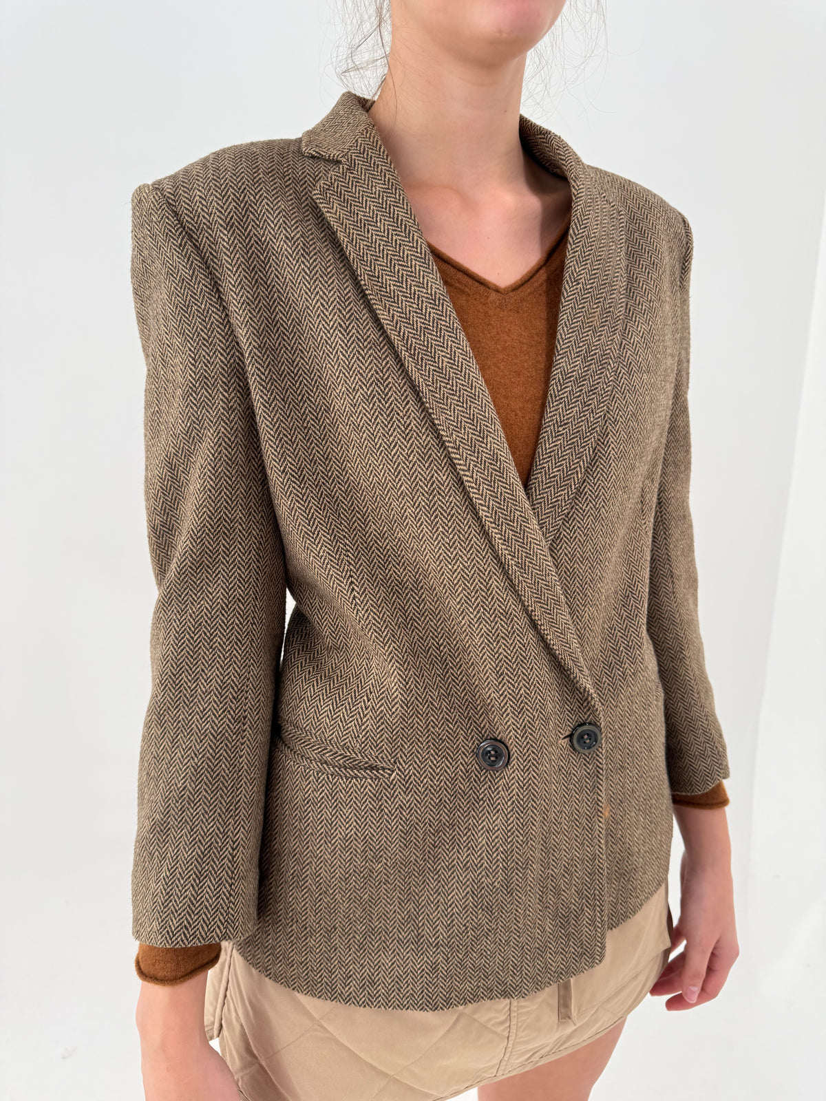 Sacou camel din tweed gros de lana extrafina cu închidere dublă