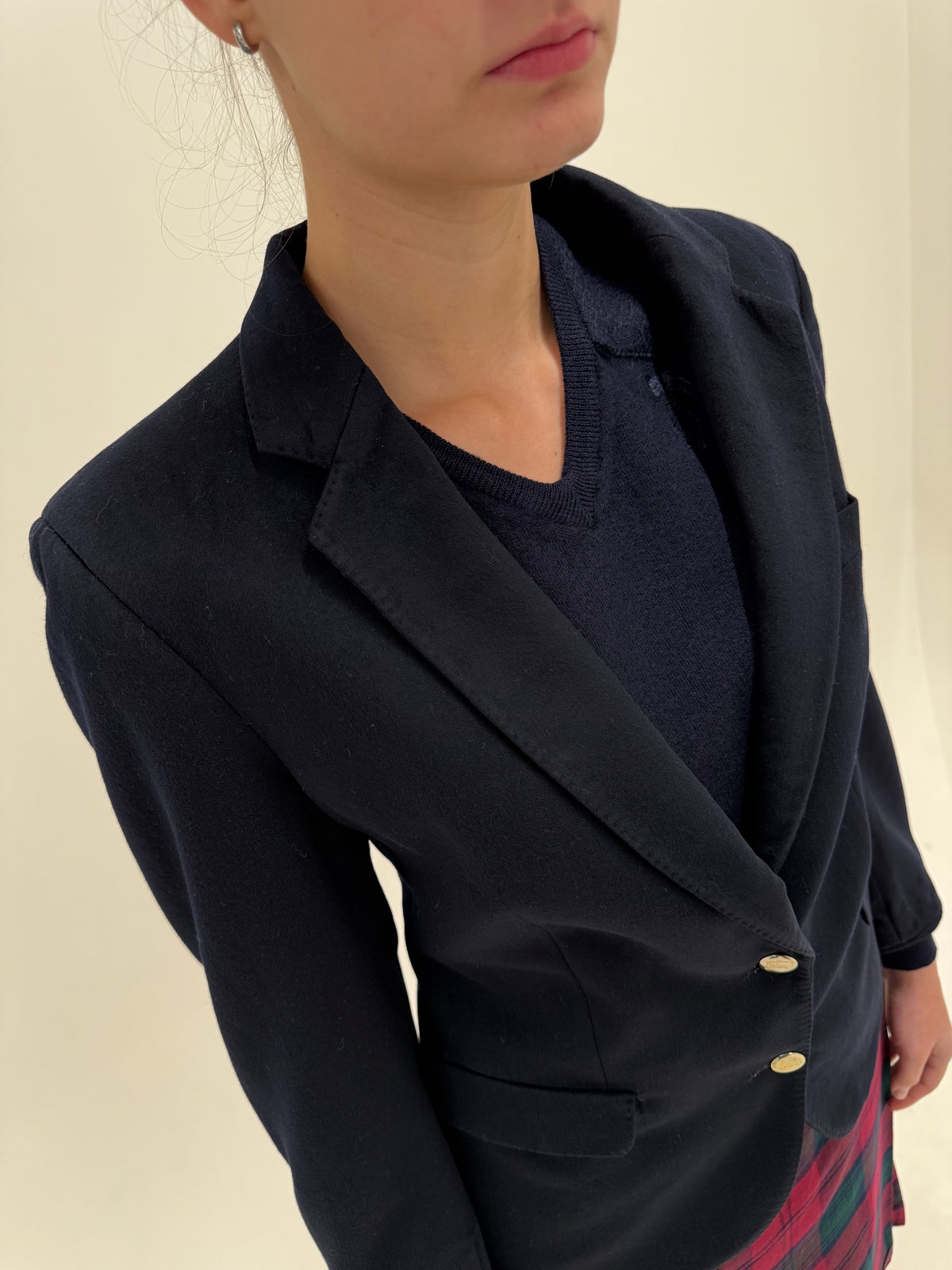 Sacou Burberry Navy din stofă de lana și cașmir cu nasturi aurii cu logoul brandului