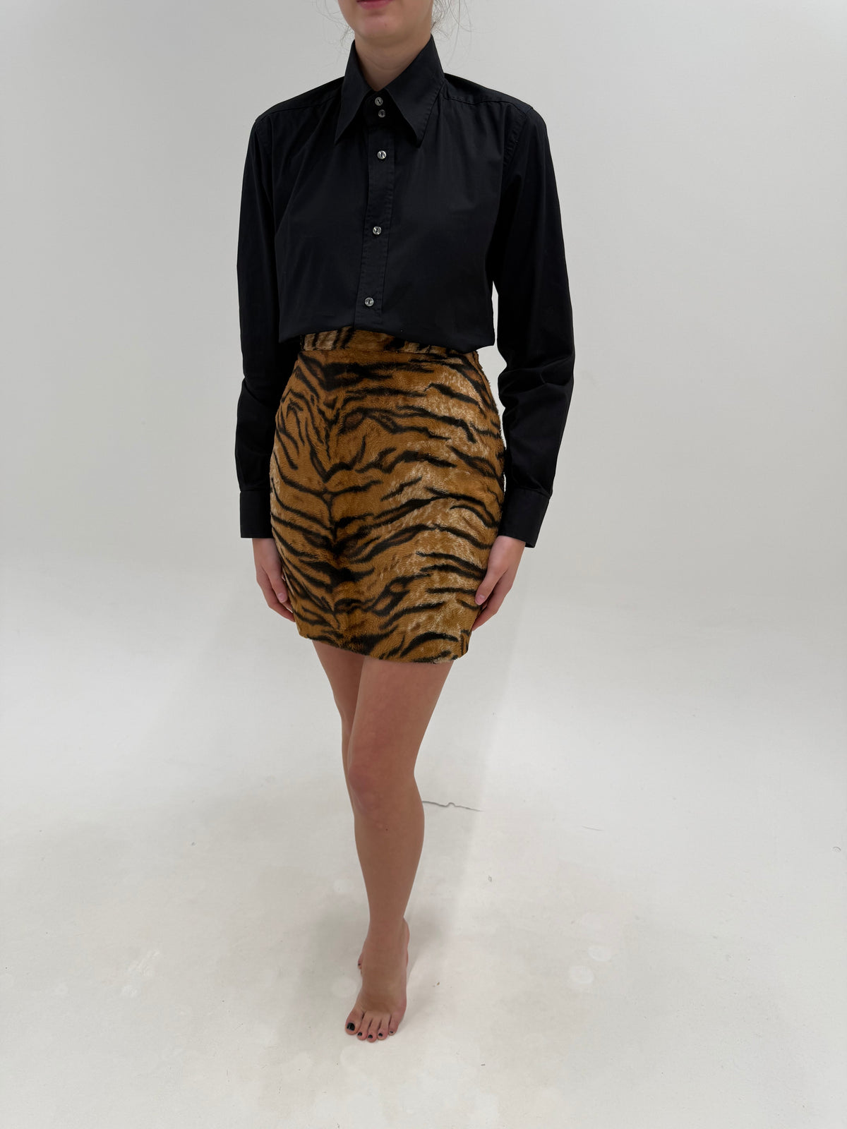 Fustă Gianfranco Ferre din blăniță animal print cu talie ultra înaltă