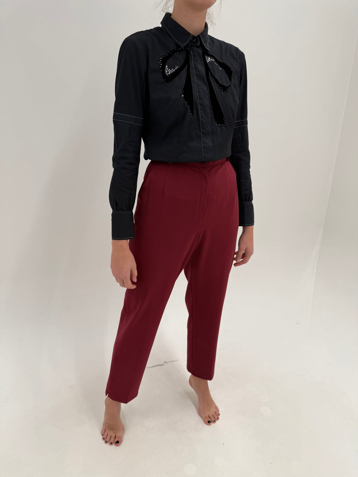 Pantaloni burgundy italienești cu talie extrem de înaltă din lana extrafina confort