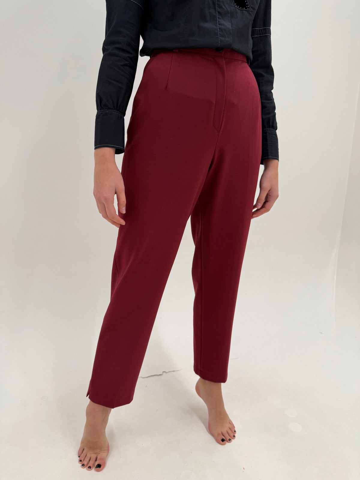 Pantaloni burgundy italienești cu talie extrem de înaltă din lana extrafina confort