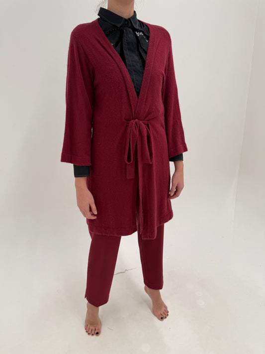 Cardigan lung burgundy din lana extrafina și Angora cu talie reglabilă și cordon