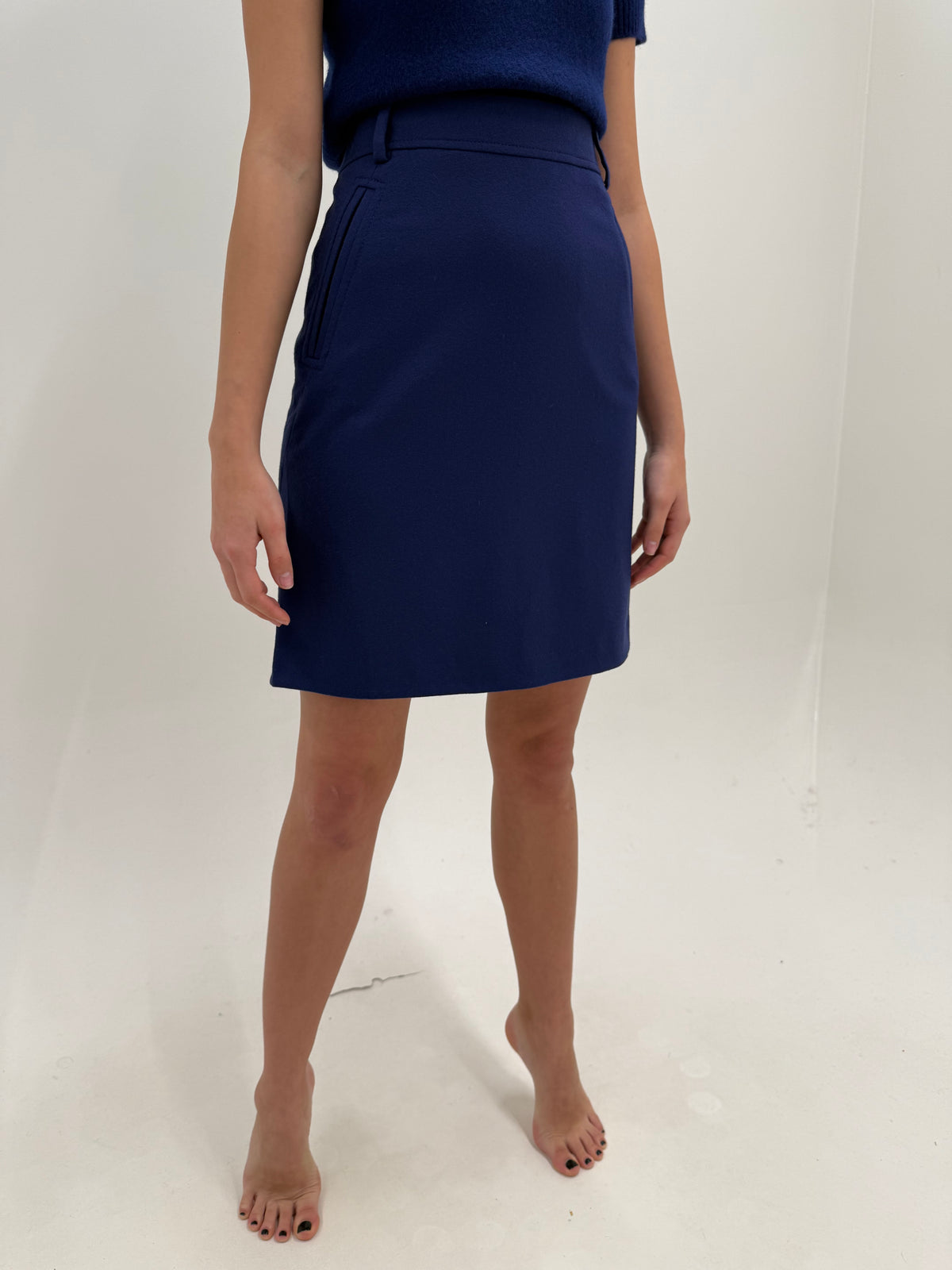 Fustă indigo blue din lana plină cu talie ultra înaltă