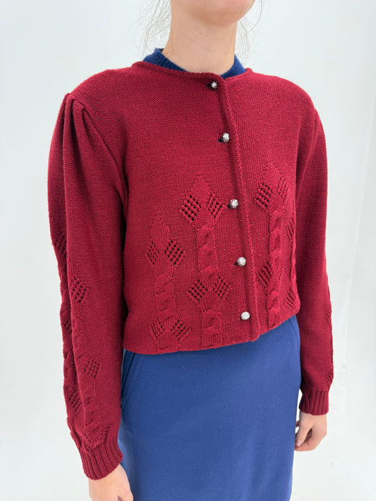 Cardigan vintage din lana plină extrafina burgundy cu mâneci ușor bufante și nasturi bijuterie