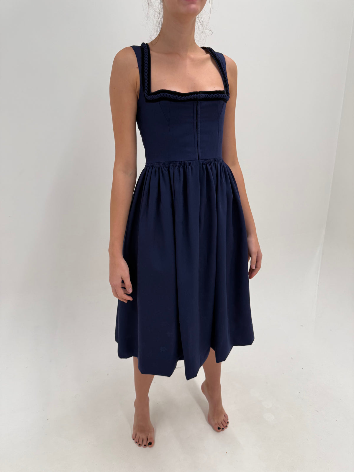 Rochie vintage din lana extrafina cu corsaj midnight blue în croi de ani 50
