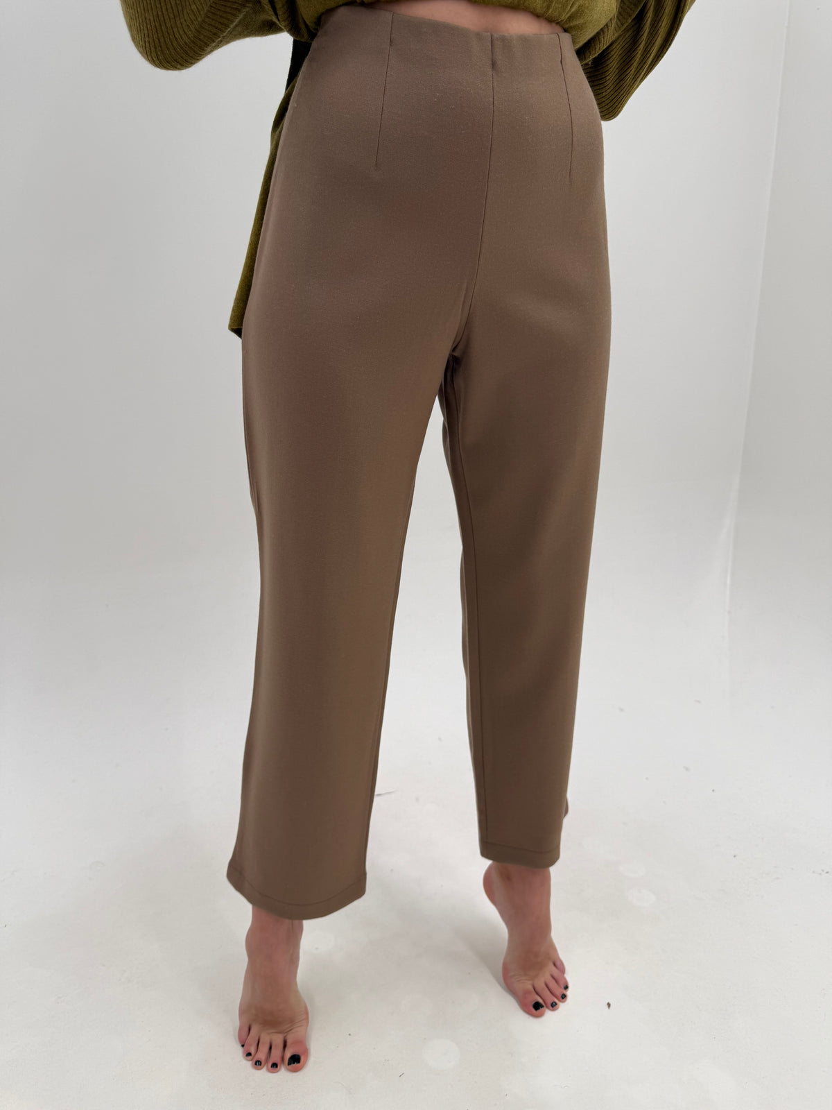 Pantaloni light taupe din lana extrafina cu lycra ultra confort și talie ultra înaltă