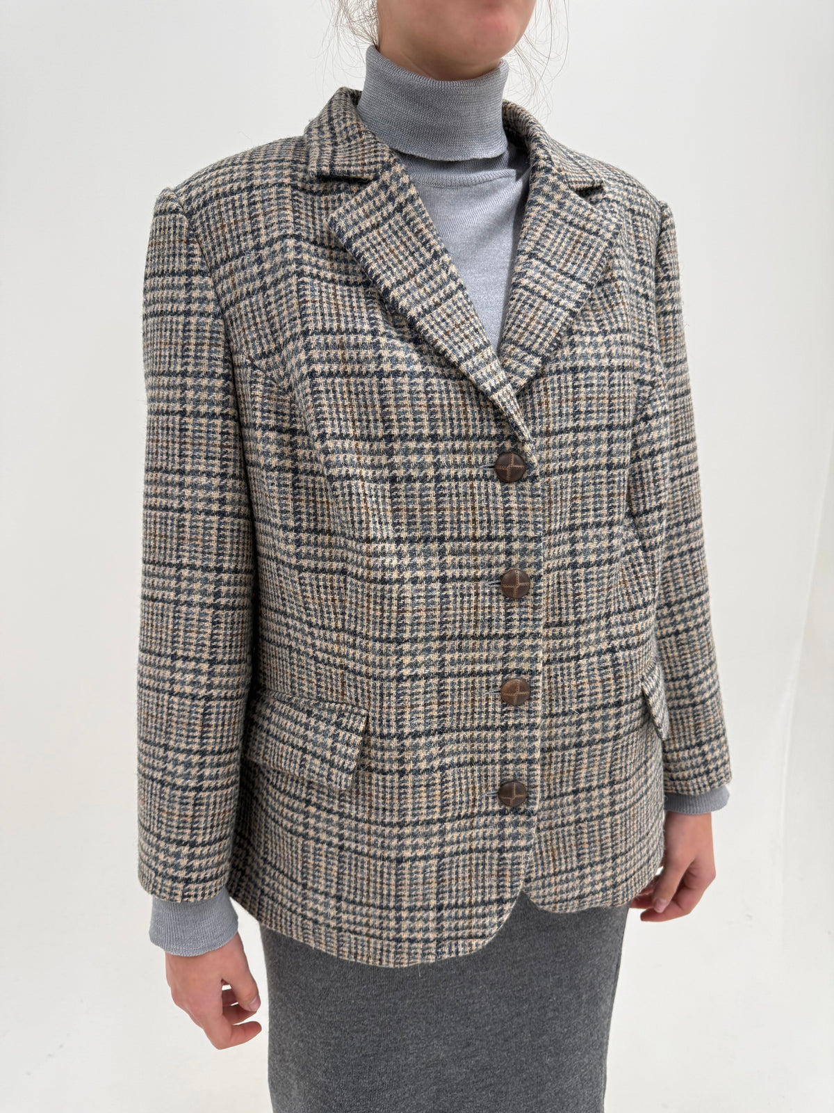 Sacou camel în culori neutre British Heritage din tweed de lana Prince of Wales