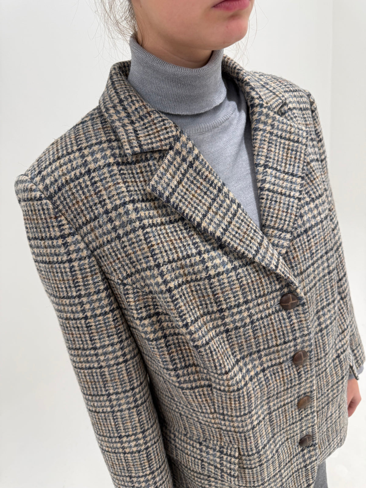Sacou camel în culori neutre British Heritage din tweed de lana Prince of Wales