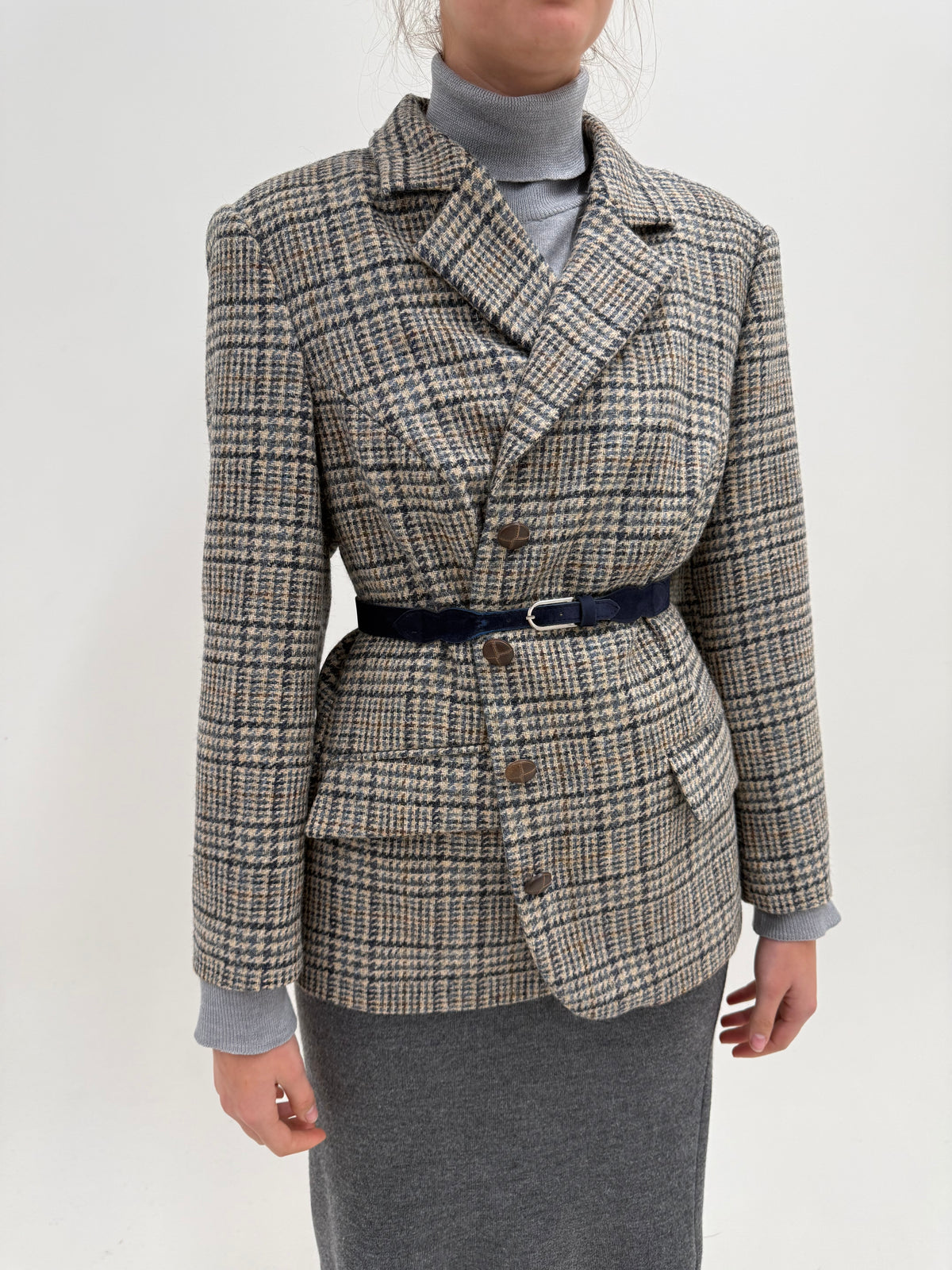 Sacou camel în culori neutre British Heritage din tweed de lana Prince of Wales