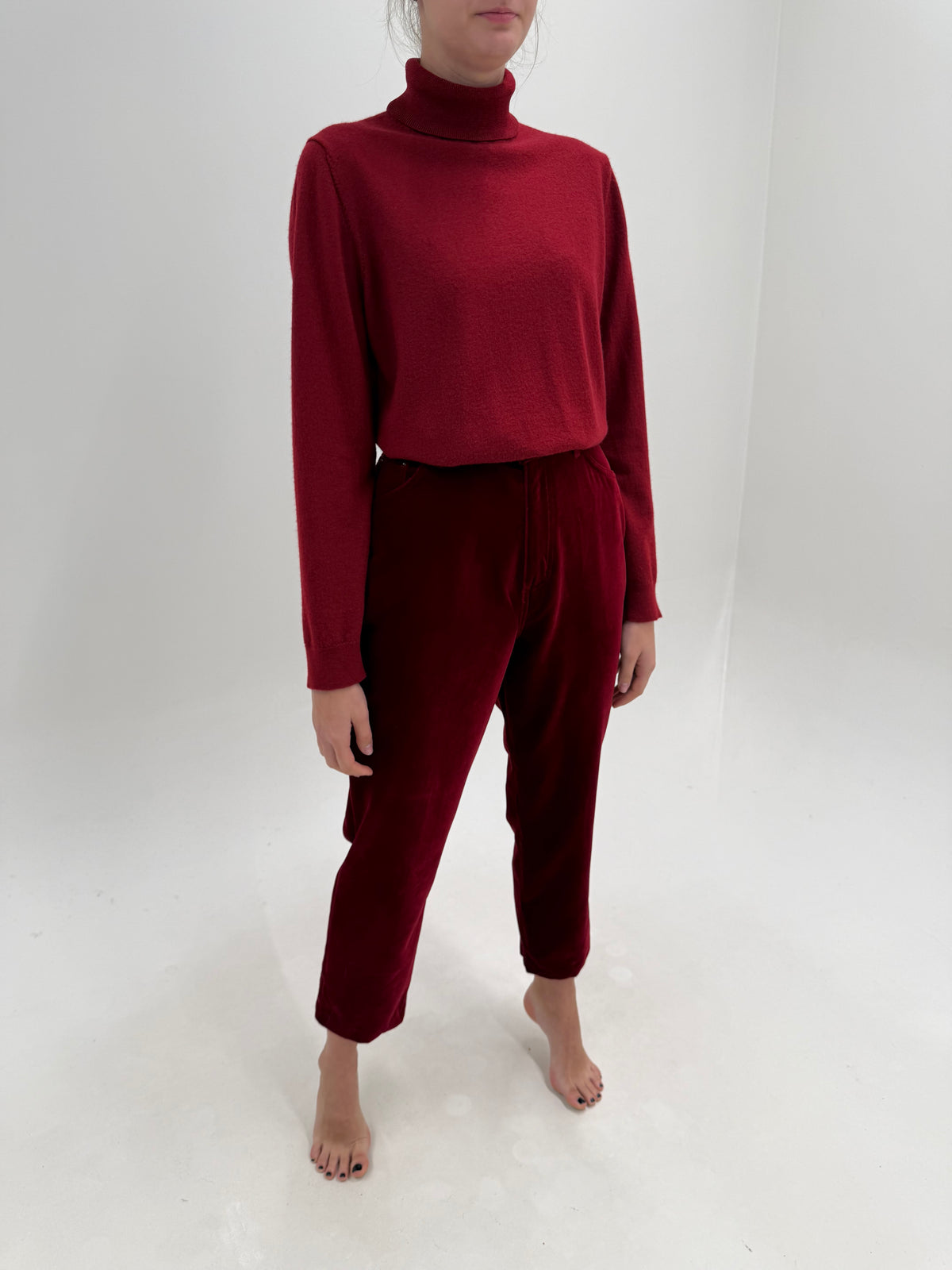 Pantaloni dark red din catifea plină de bumbac dark red cu talie ultra înaltă