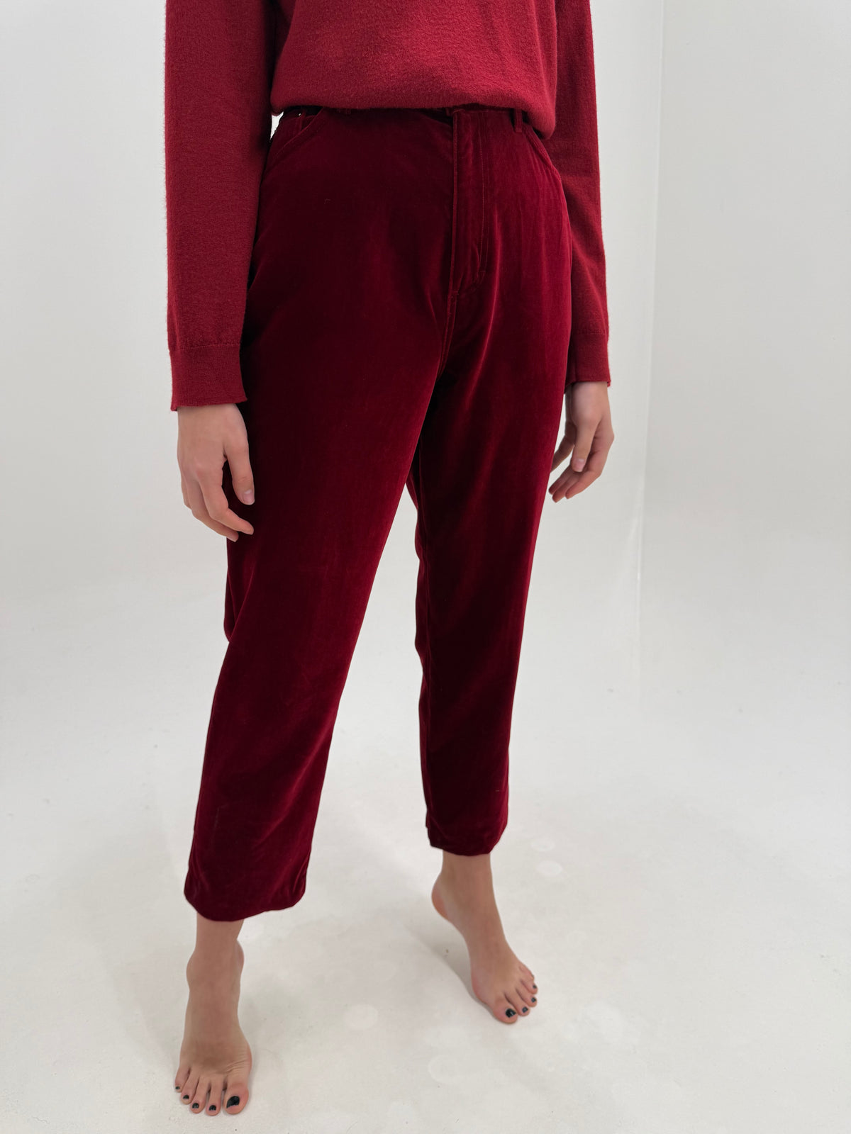 Pantaloni dark red din catifea plină de bumbac dark red cu talie ultra înaltă