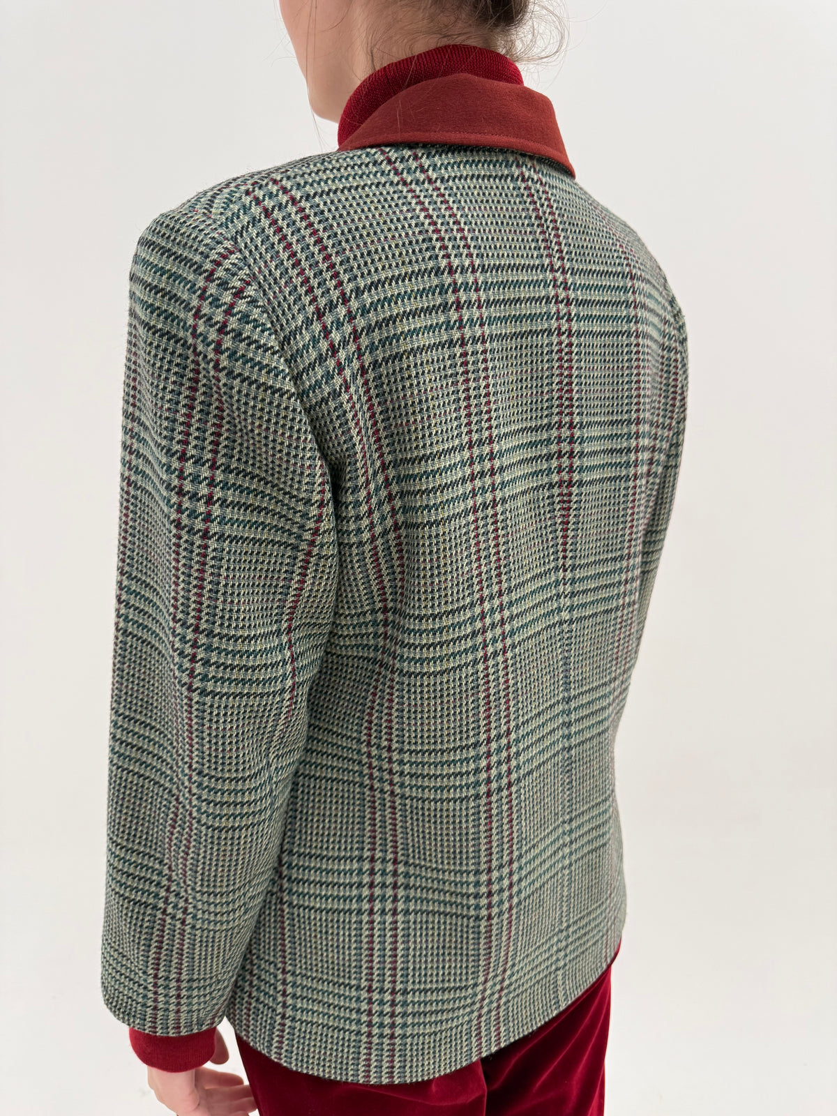 Sacou vintage italian din tweed de lână plin Prince of Wales cu burgundy