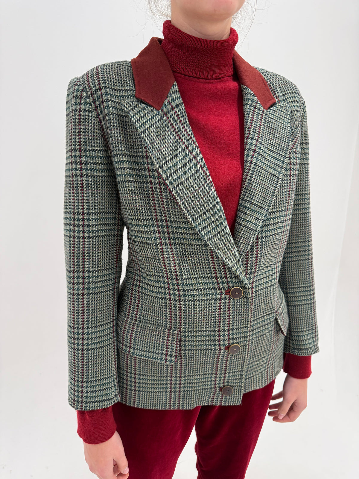 Sacou vintage italian din tweed de lână plin Prince of Wales cu burgundy