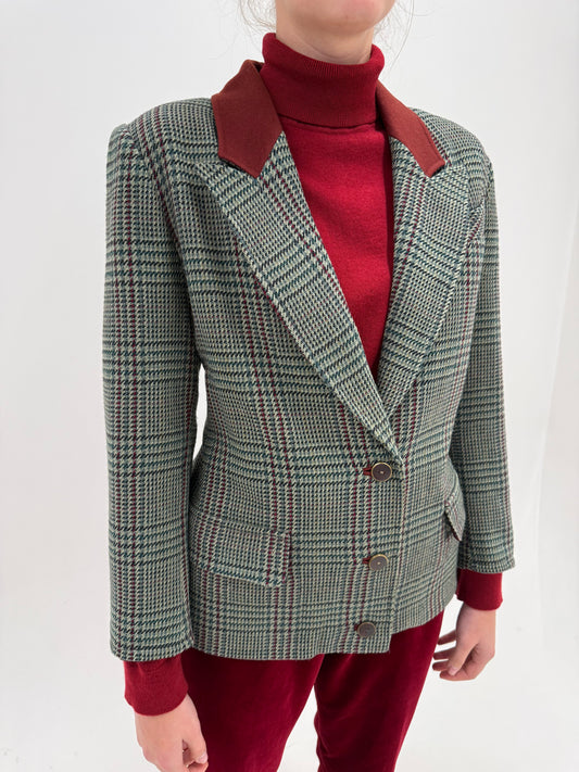 Sacou vintage italian din tweed de lână plin Prince of Wales cu burgundy