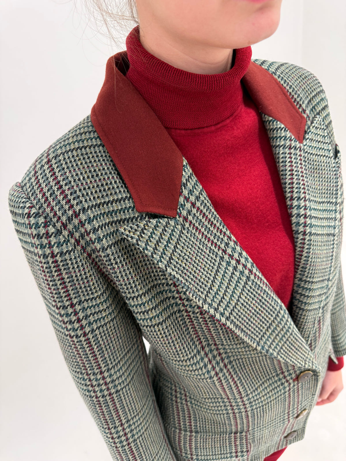 Sacou vintage italian din tweed de lână plin Prince of Wales cu burgundy