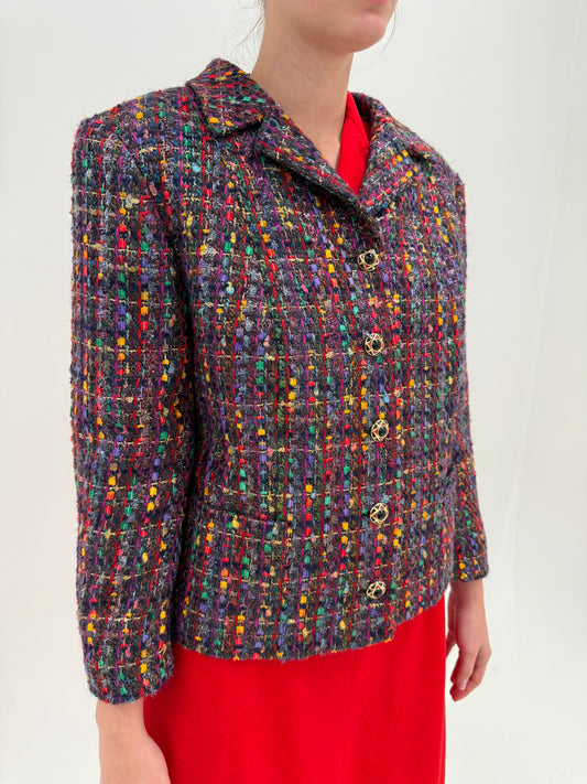 Sacou vintage în stil Chanel din tweed boucle superb de lana curcubeu