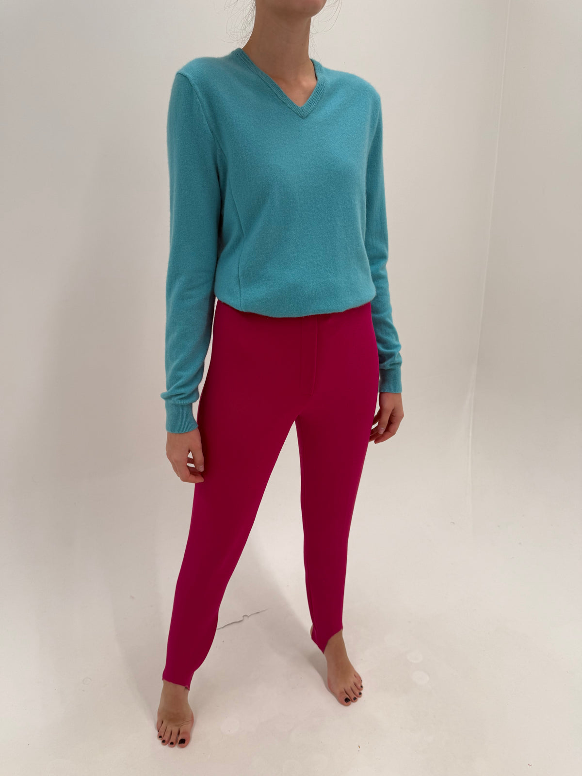 Pantaloni stirrup vintage din lana tehnică modelatoare magenta cu talie ultra înaltă