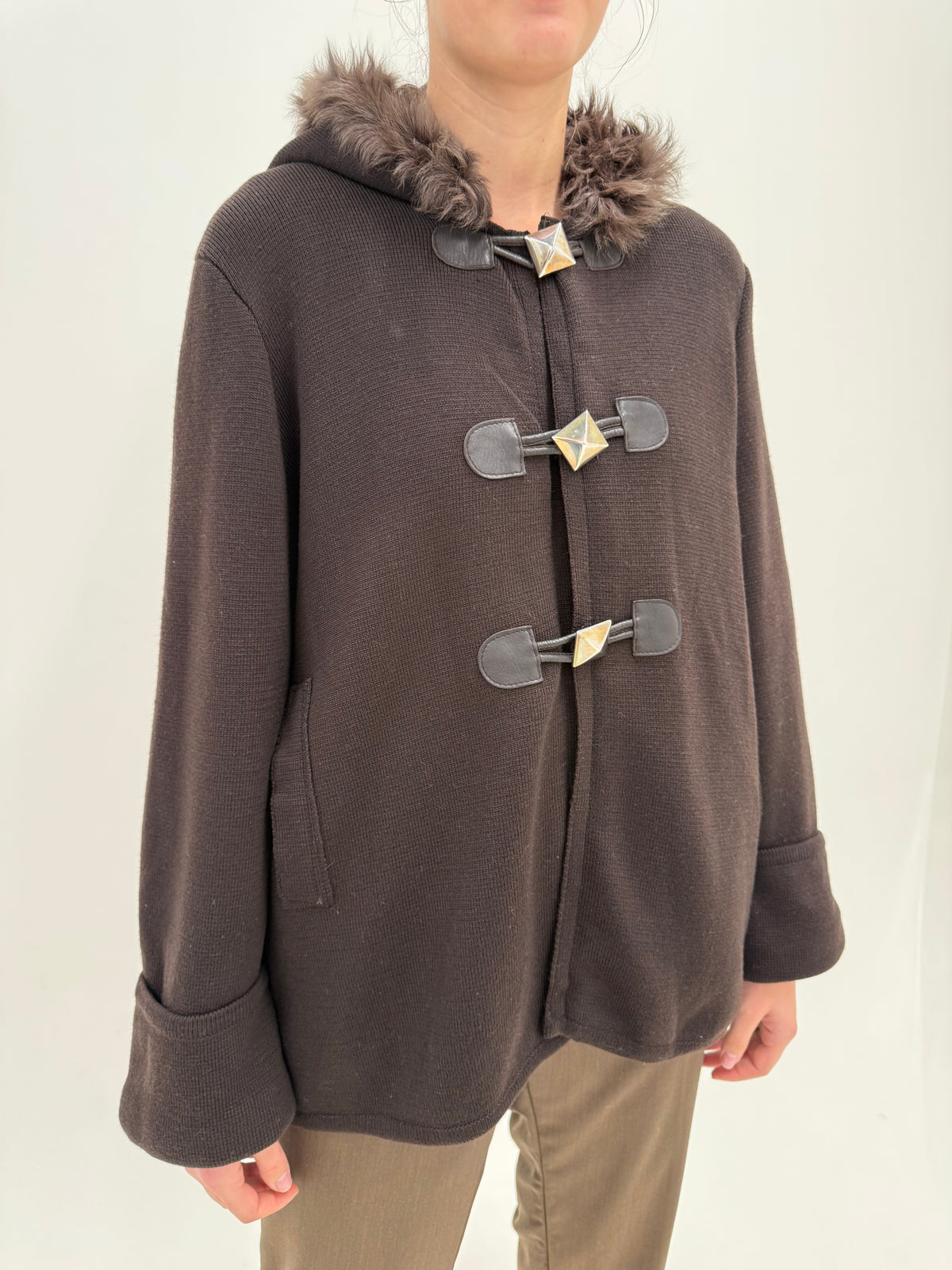 Jacheta maro excepționala couture duffle coat din tricot de lână cu interior din mătase light padded