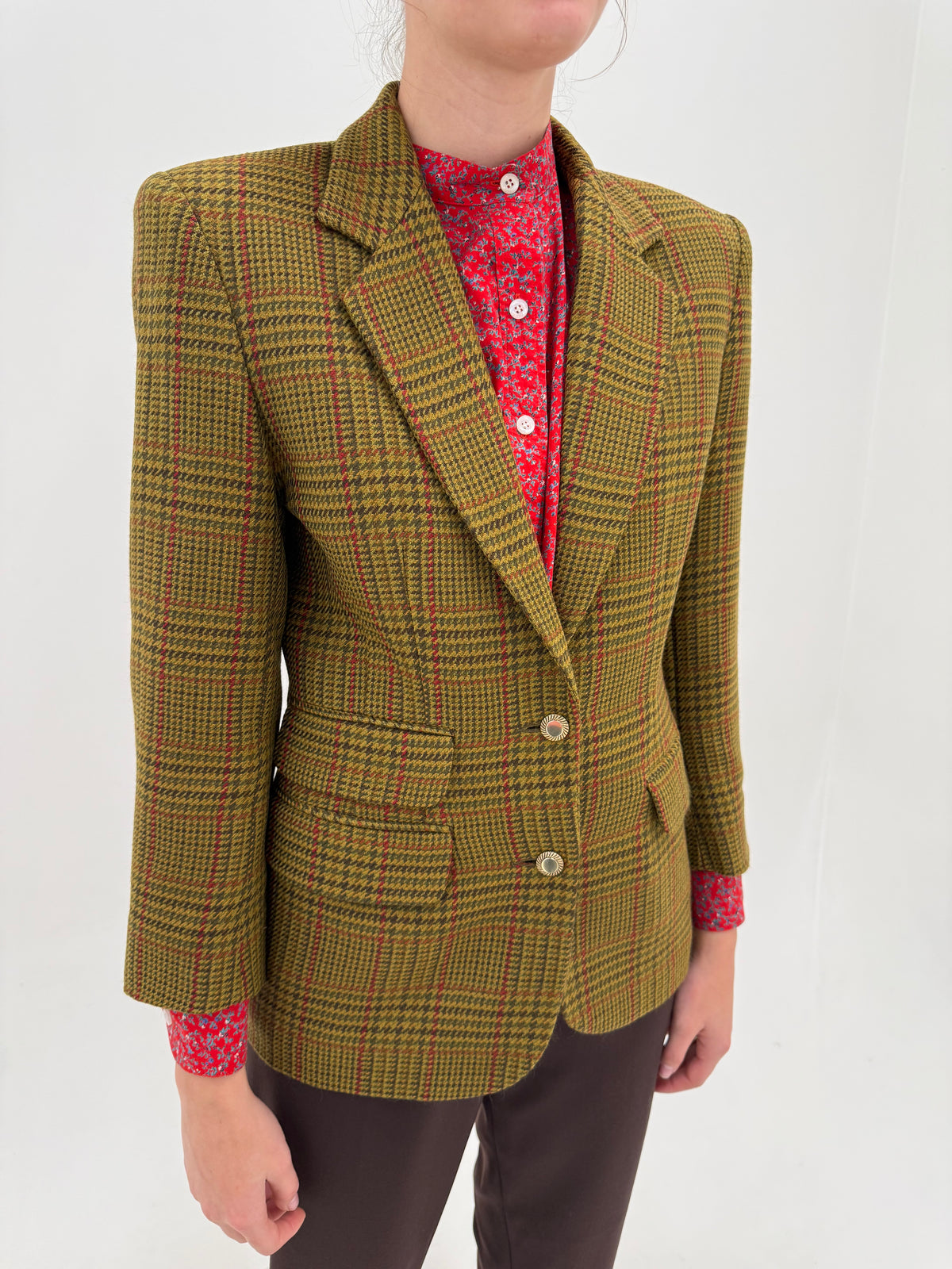 Sacou din tweed de lana pied de coq mustard green in culori superbe