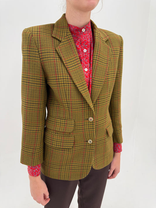 Sacou din tweed de lana pied de coq mustard green in culori superbe