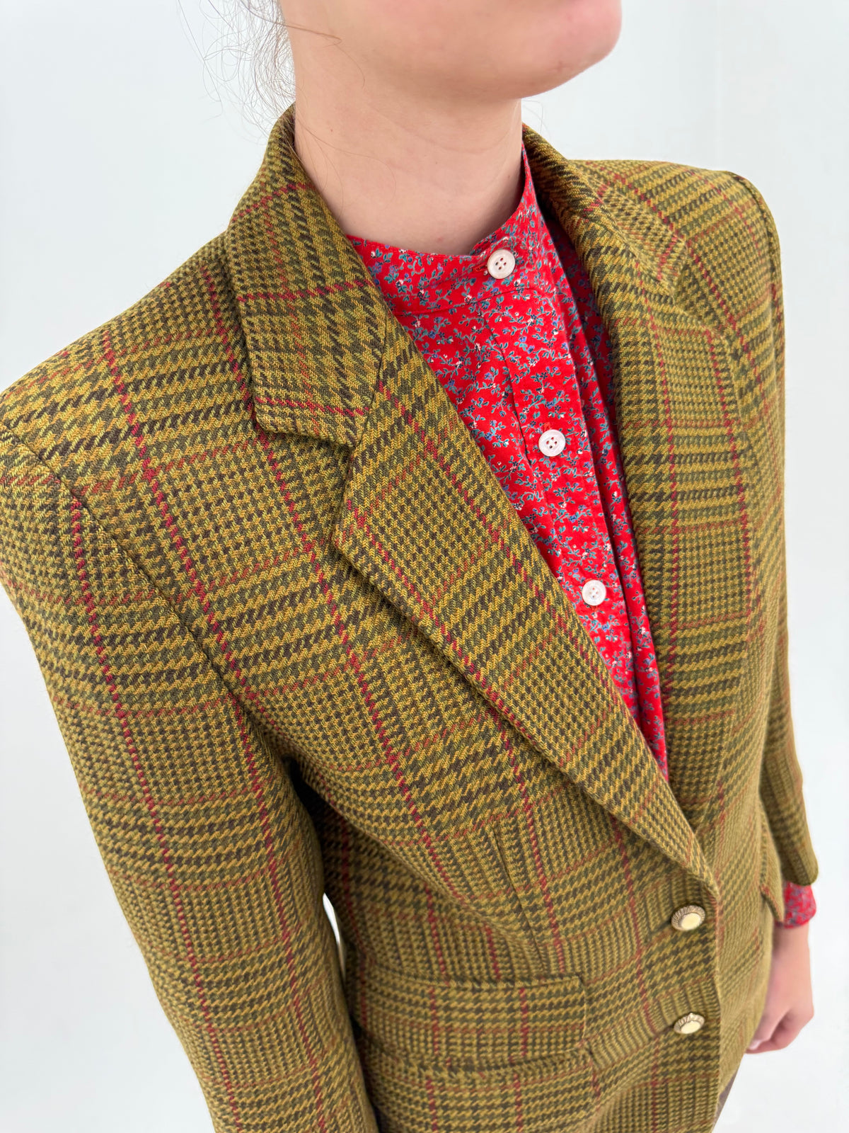 Sacou din tweed de lana pied de coq mustard green in culori superbe