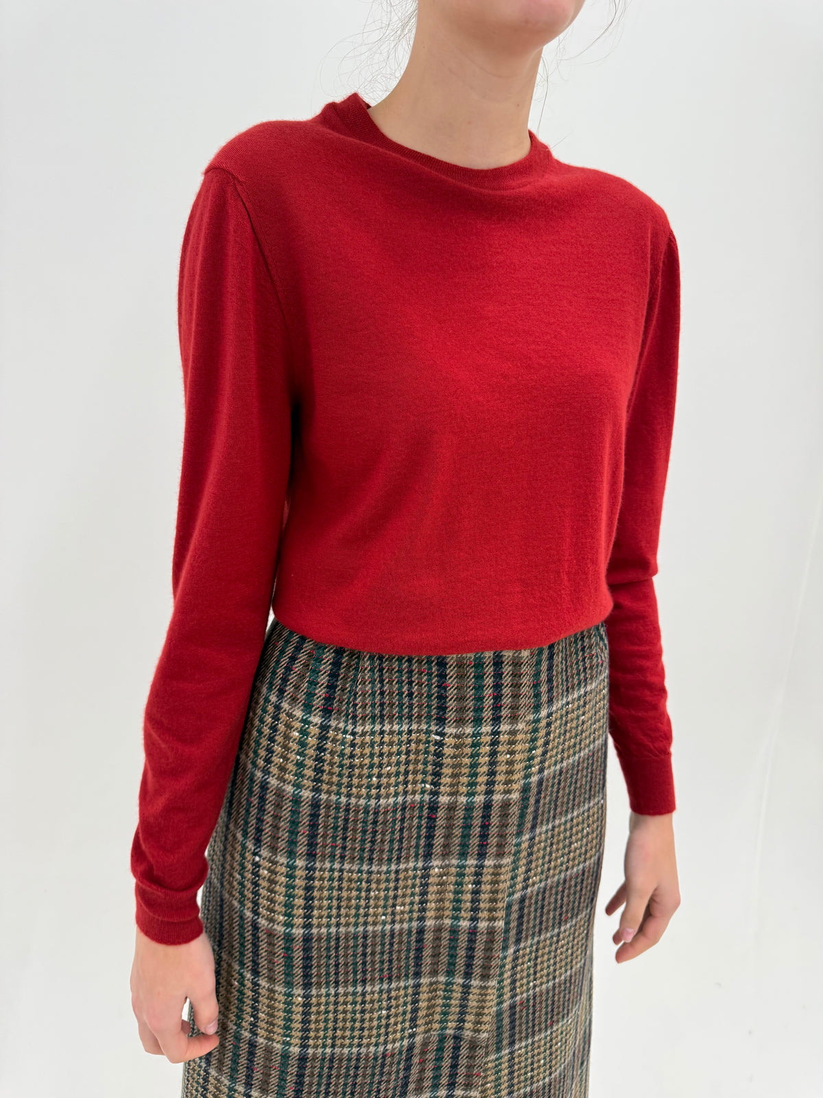 Pulover din cașmir extra fin brick red crew neck
