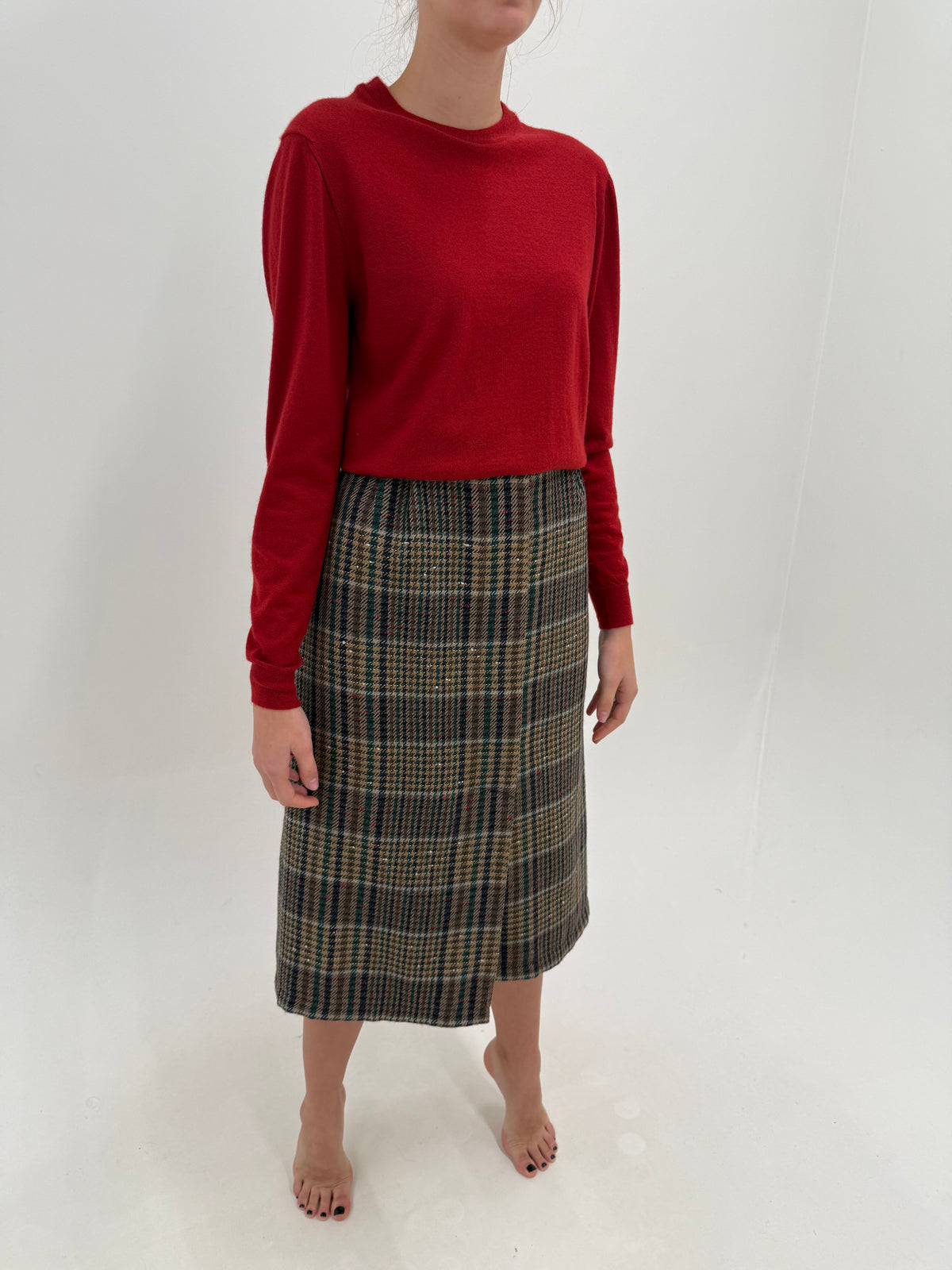 Fustă midi lung din tweed texturat  gros de lana pura virgină certificată midi lung