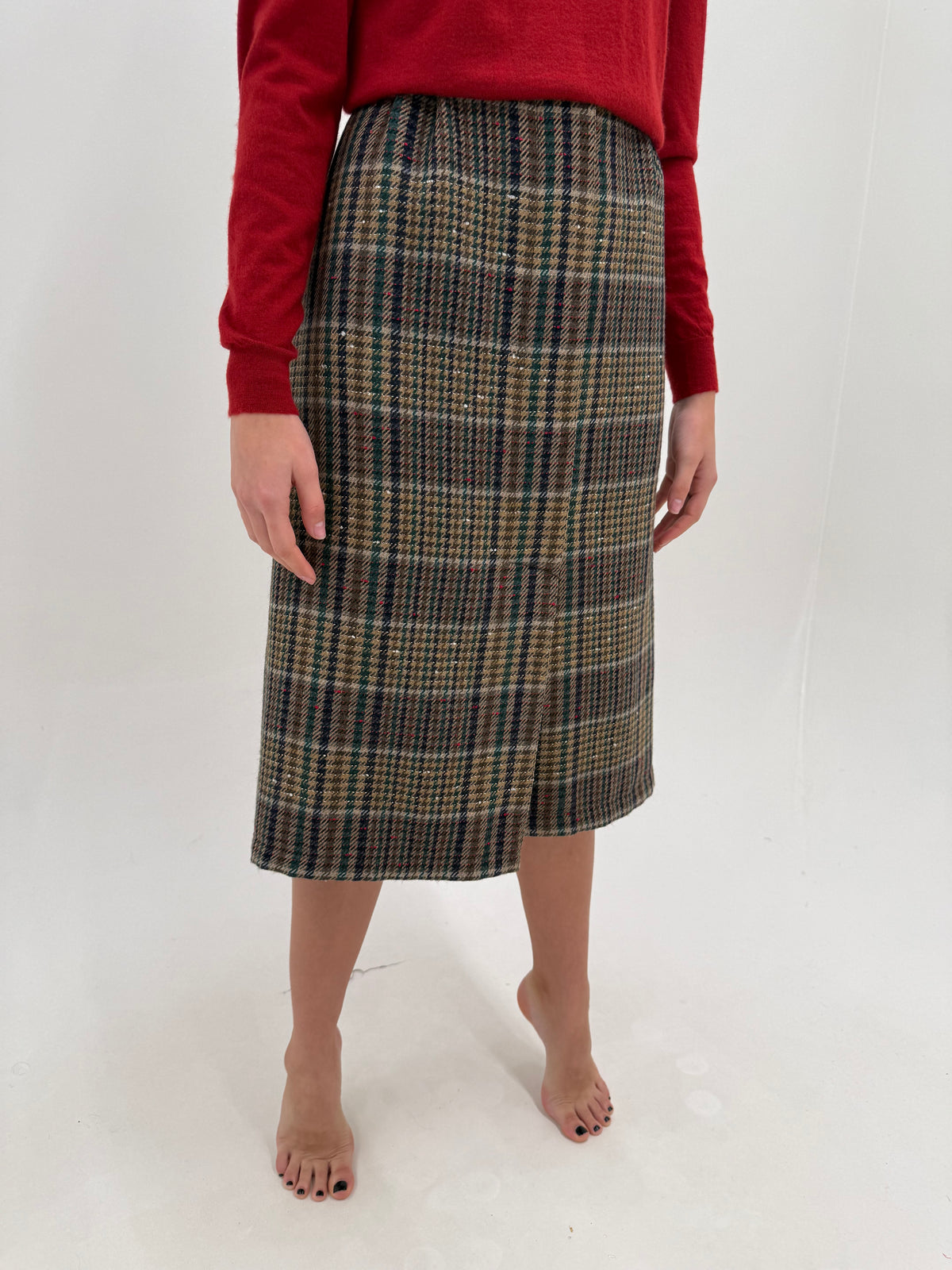 Fustă midi lung din tweed texturat  gros de lana pura virgină certificată midi lung