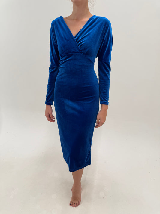 Rochie midi Sapphire Blue din catifea modelatita ultra confort