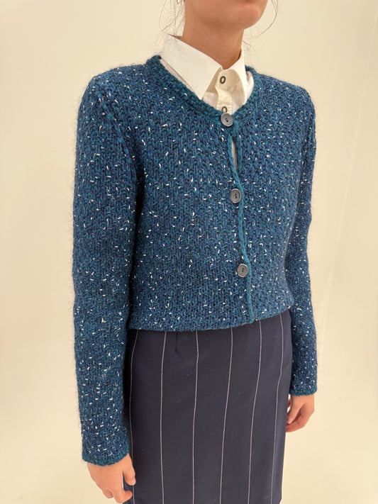 Cardigan gros italian din tricot deosebit cu inserții albe de mohair și lana