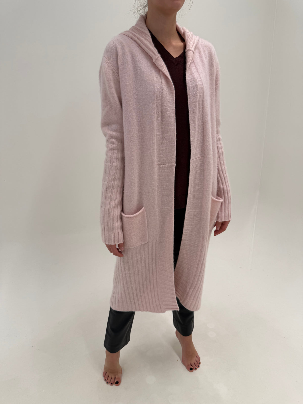 Palton din tricot cașmir multiply cu guler și buzunare powder Pink