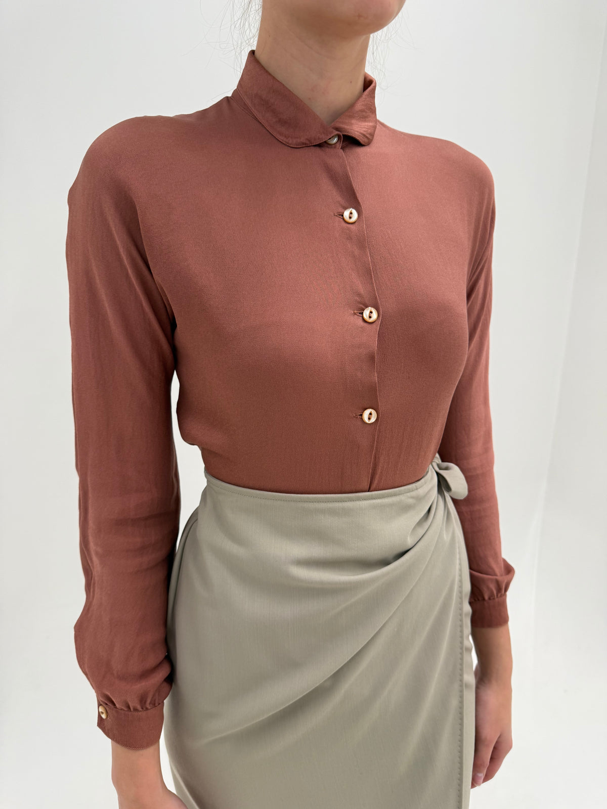 Cămașa Max Mara din twill de mătase naturală chestnut brown