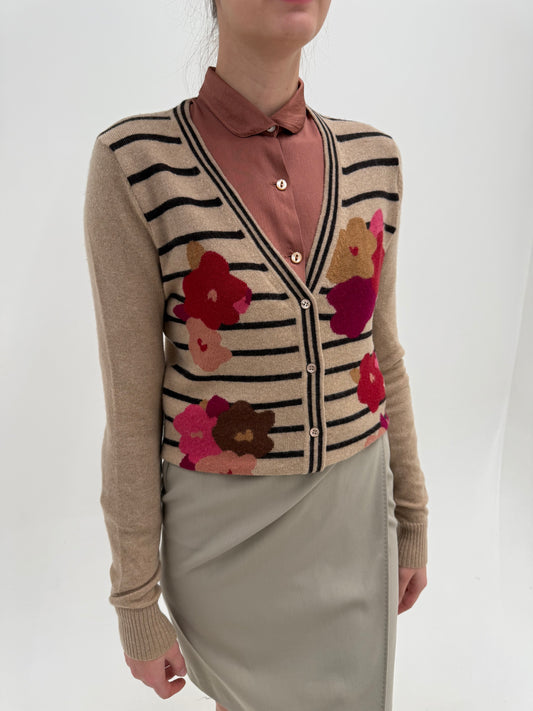 Cardigan Max Mara camel tall cu dungi și print floral din lana extrafina și cașmir