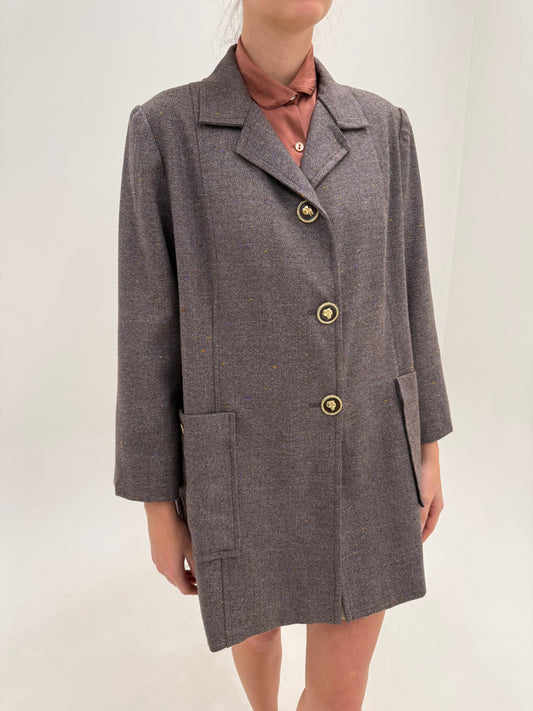 Palton italian couture din tweed Donegal taupe de lana excepțională cu inserții curcubeu