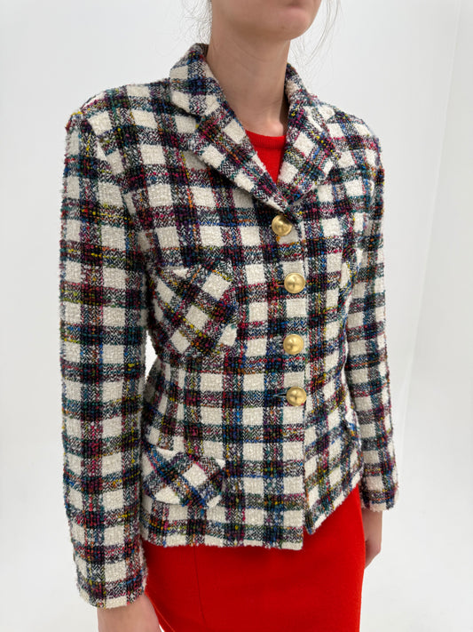 Sacou din boucle gros în stil Chanel de lana colorat cu natsuri metalici aurii