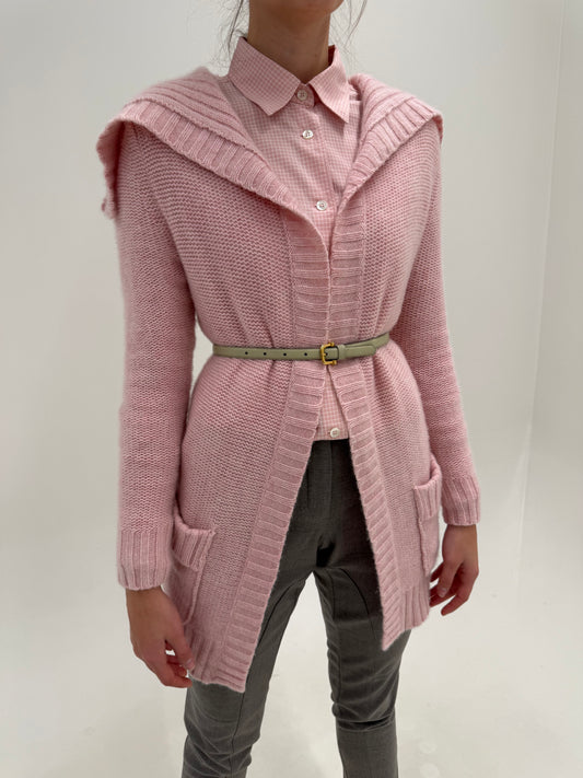 Cardigan din cașmir super gros multiply tip palton powder Pink cu guler și buzunare