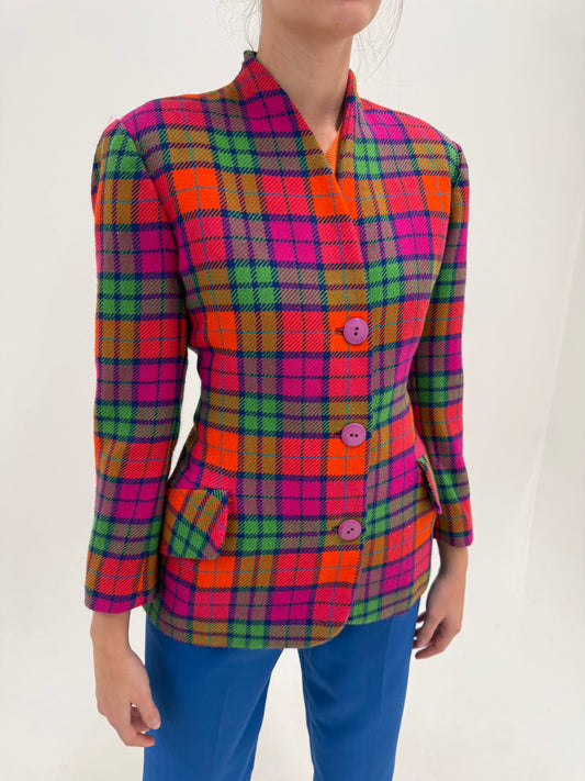 Sacou vintage din tweed de lana plin în carouri și culori tari cambrat