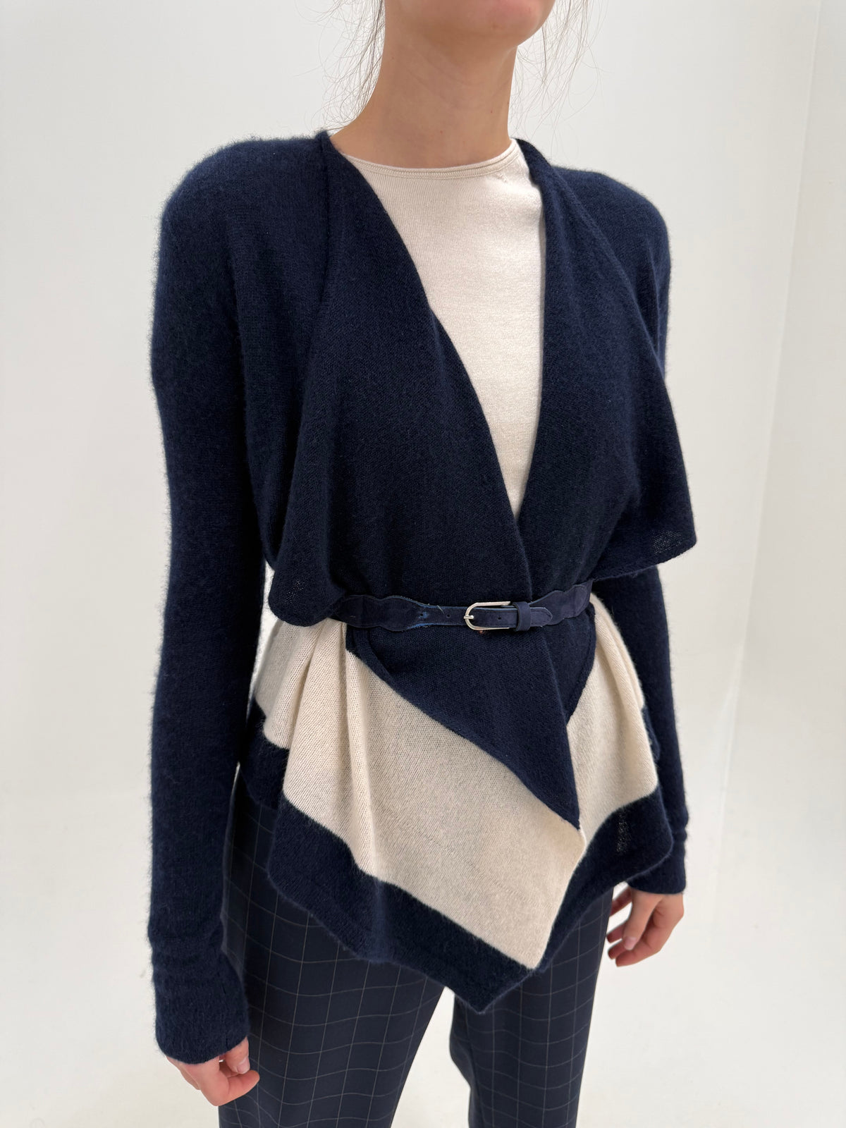 Cardigan lung din cașmir multiply coloblock Navy cu butter white
