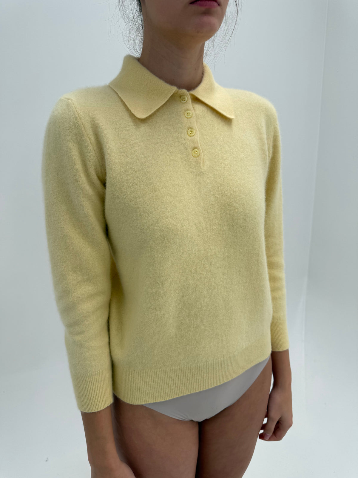 Pulover vintage polo din lana plină cu Angora petite butter yellow