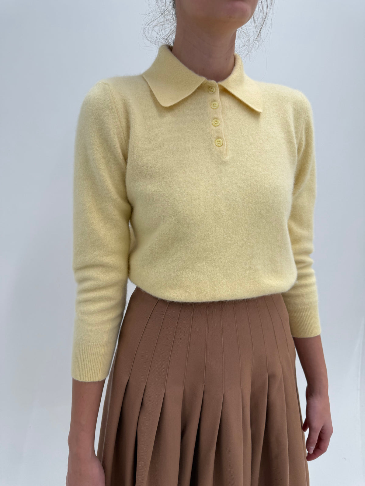 Pulover vintage polo din lana plină cu Angora petite butter yellow