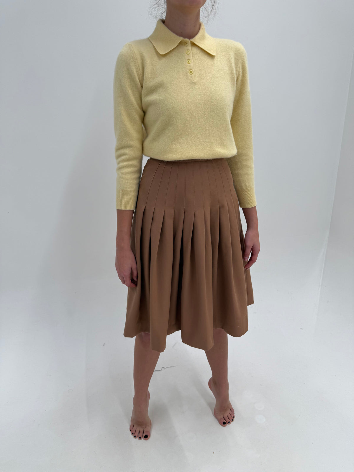 Fustă vintage plisată din lana structurată caramel nude midi cu talie ultra înaltă