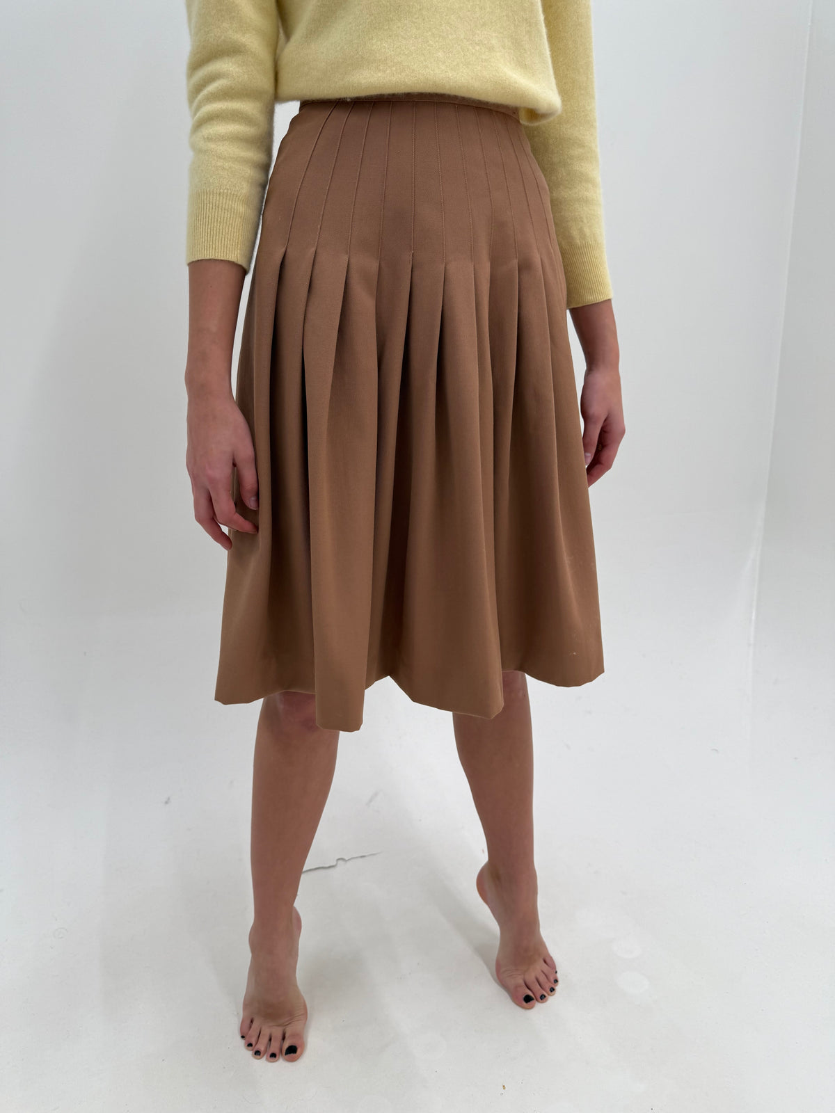 Fustă vintage plisată din lana structurată caramel nude midi cu talie ultra înaltă