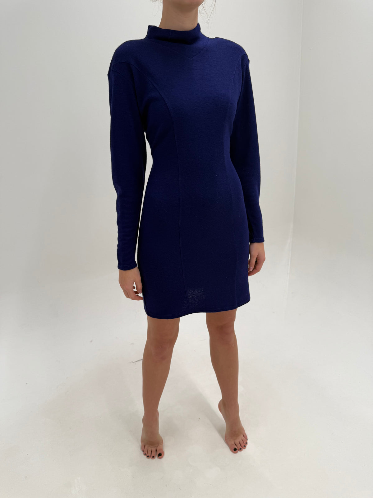 Rochie vintage tip Maleta din tricot dens de lana extrafina indigo blue bodycon