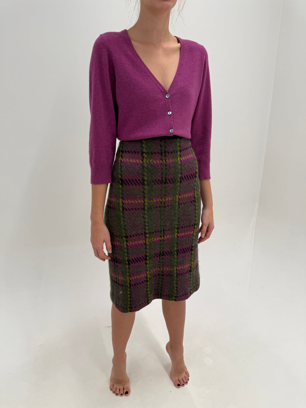 Fustă vintage italiană midi din tricot gros cu print tweed de lana extrafina densa midi