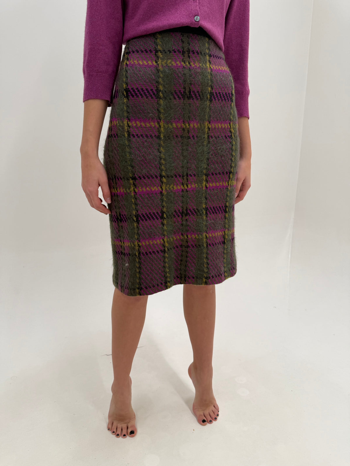 Fustă vintage italiană midi din tricot gros cu print tweed de lana extrafina densa midi